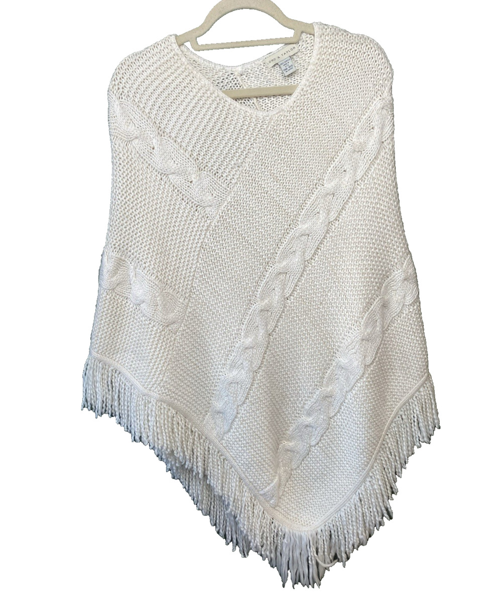 Lord & Taylor Vintage Poncho Cable Knit Pullover Cozy Winter White Cape Fringe